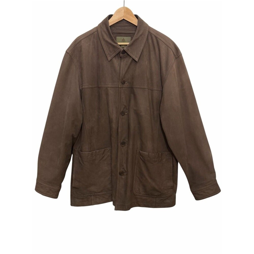 RAINFOREST Mens Brown Suede Leather Jacket Button Long Slv Pockets Sz XL Outdoor